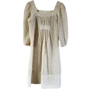 Anna Sui Eyelet Dress Square Neck Puff Sleeve Lace Trim Cottagecore Cream Small
